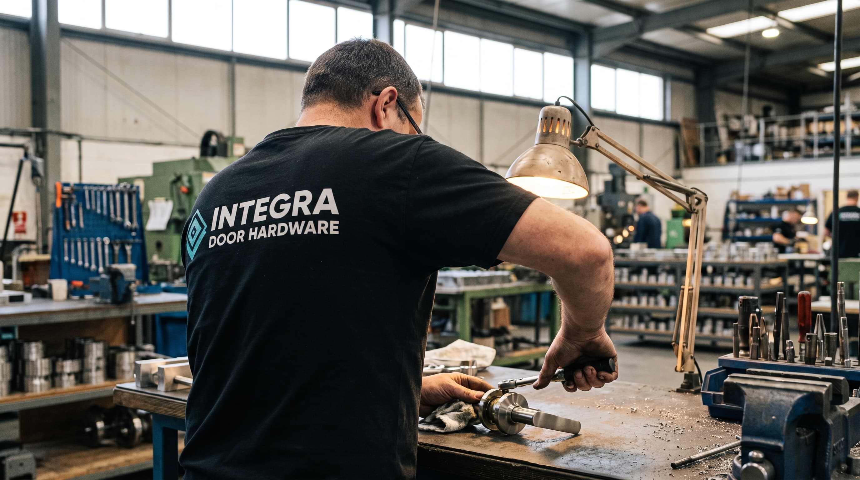 Wide editorial photo of the Integra Door Hardware workshop and engineering studio, workbenches with hardware components and tools, warm natural light through large windows