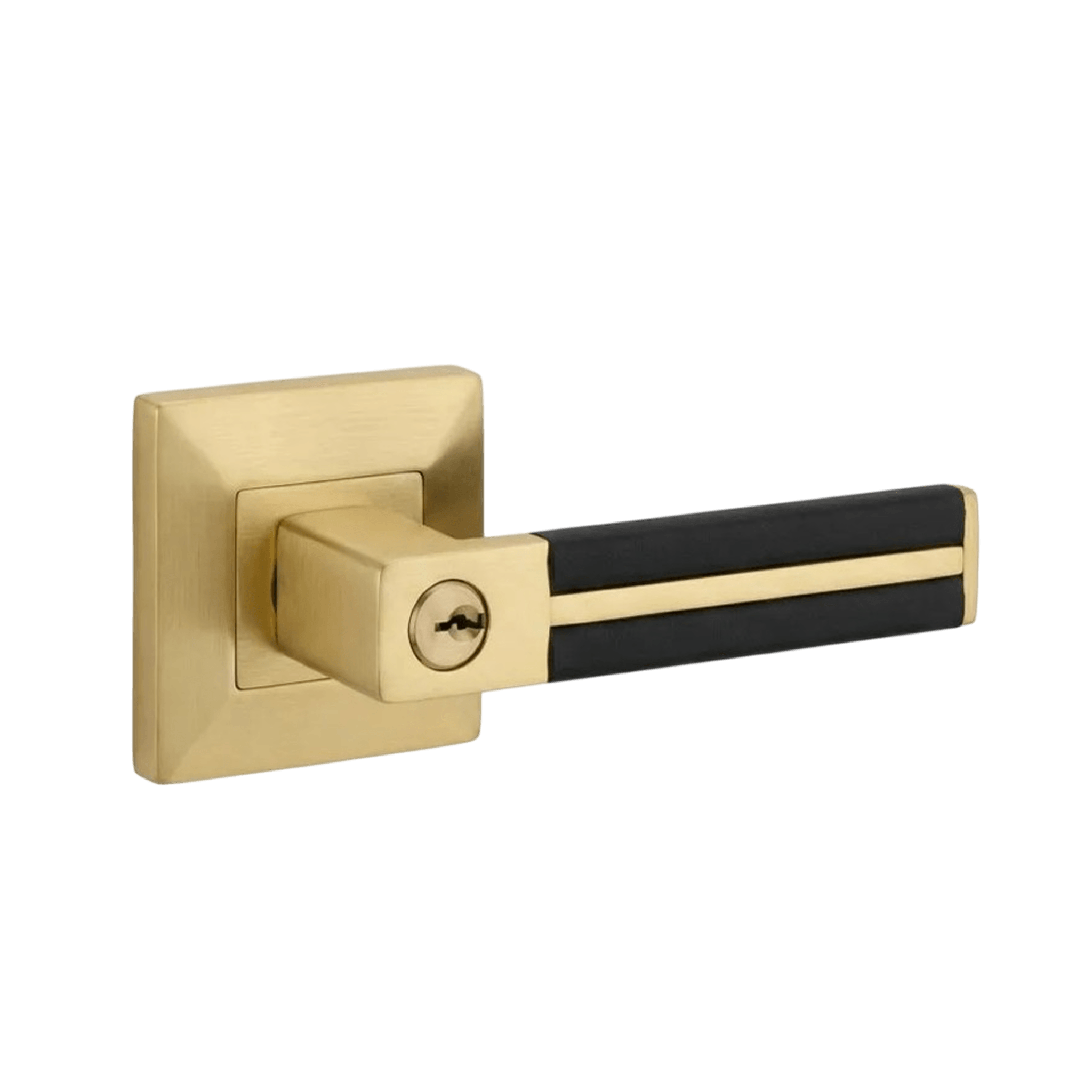 Brass door lever with a hand-finished black leather grip, from the Hamilton Collection